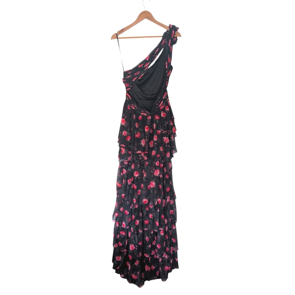 NWT! Mac Duggal Black One Shoulder Ruffled Rose Print Layered High-Low Dress - Picture 12 of 12